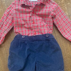 Rachel Riley Red Plaid Shirt and Navy Velour Shorts Matching Set - worn once